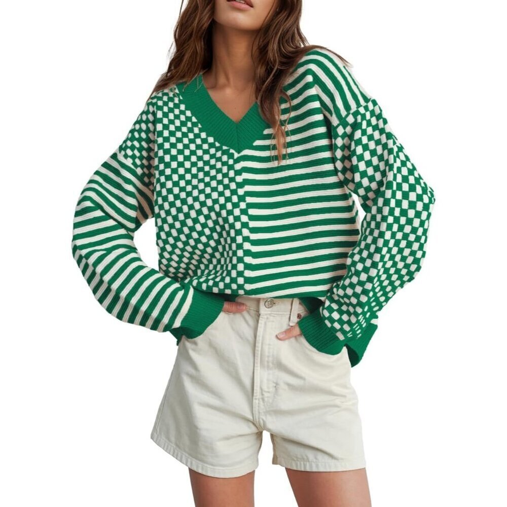 Women's Green Striped Checkered V Neck Casual Knit Trendy Pullover Sweaters